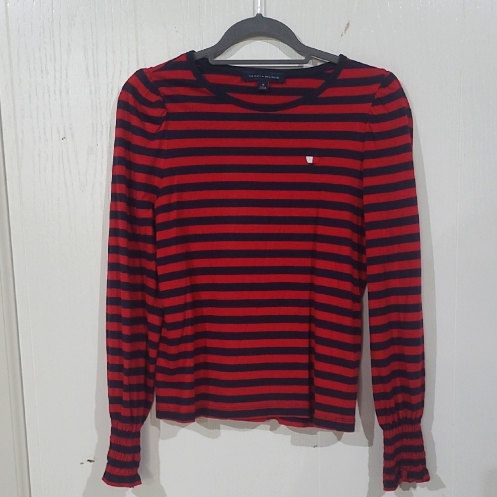 Tommy Hilfiger Womens Cotton Modal Striped Ruched Cuff Heart Logo Top Sz. Medium